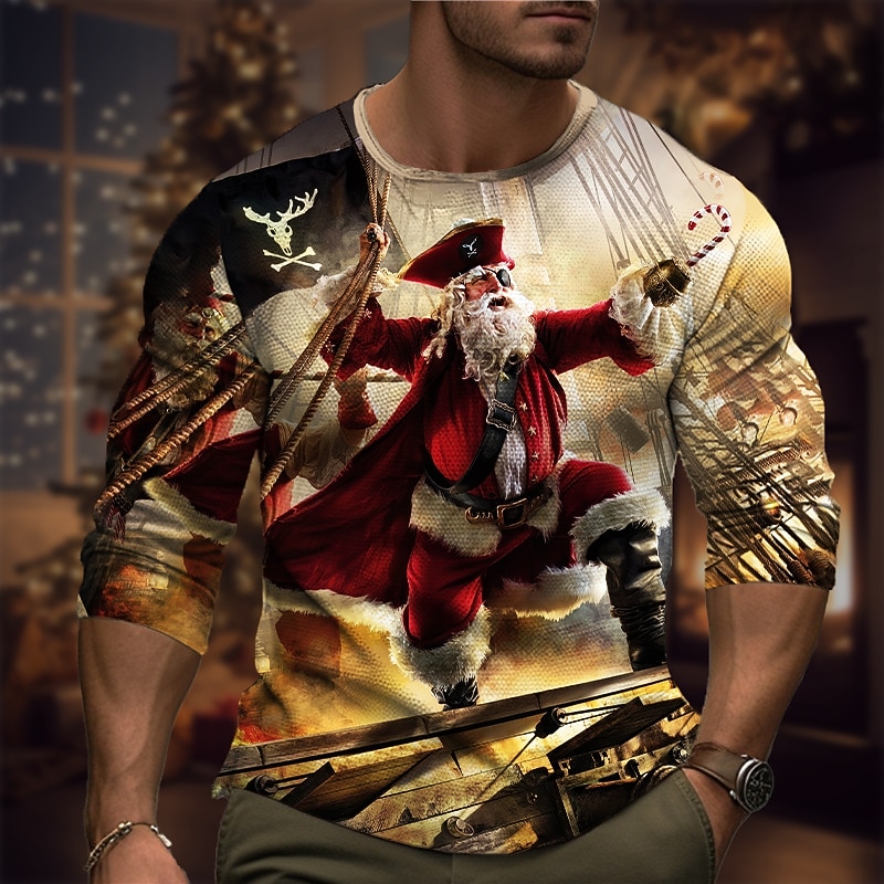 Christmas Men's Santa Claus 3D T-shirts Graphic Santa Claus Fashion Designer Casual 3D Print Tee Sports Outdoor Holiday Going out Burgundy Blue Brown Long Sleeve Crew Neck Spring &  Fall Clothing