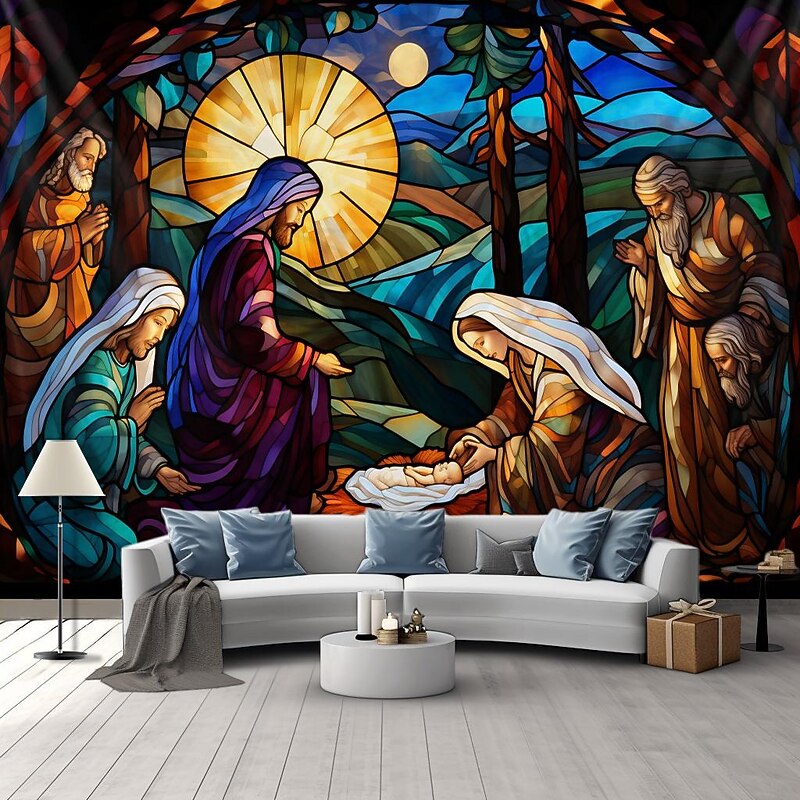 Christmas Decorations Nativity Scene Hanging Tapestry Stained Glass Wall Art Xmas Large Tapestry Mural Decor Photograph Backdrop Blanket Curtain Home Bedroom Living Room Decoration2