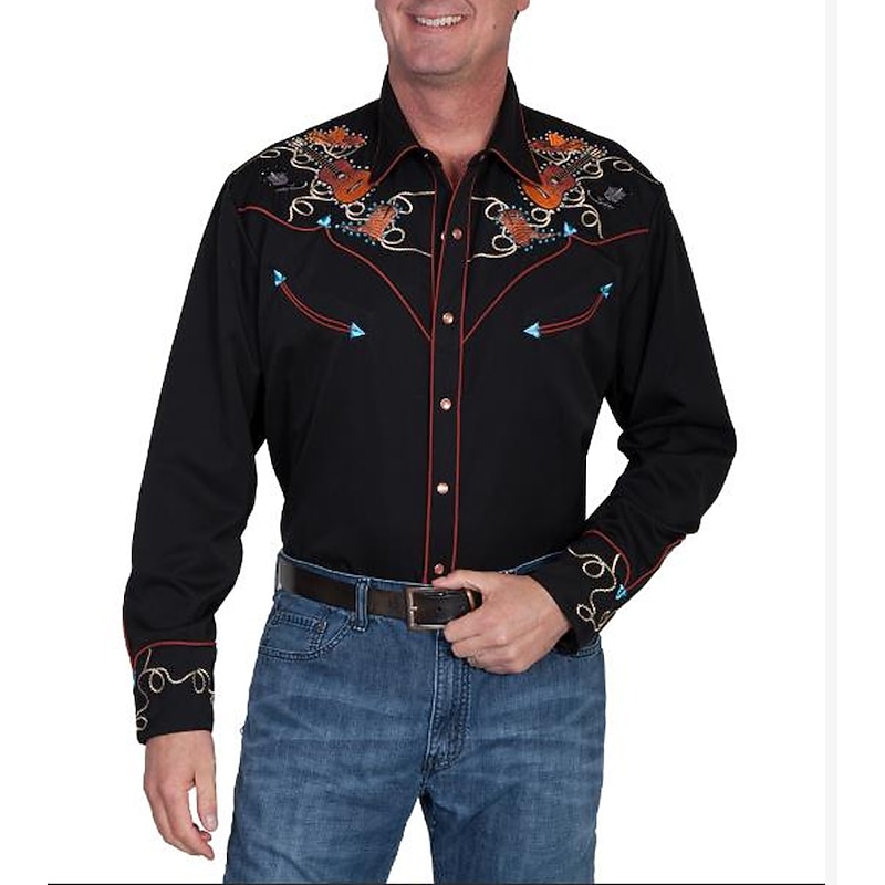 Men's Graphic Prints Guitar Shirt Western Shirt Cowboy Shirt Long Sleeve Fashion Designer Casual Outdoor Daily Fall & Winter Turndown Print Button-Down Black Black / Green Light Green Black / Purple3