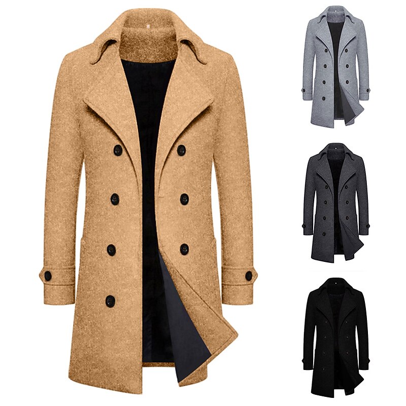 Men's Winter Coat Overcoat Peacoat Long Trench Coat Outdoor Daily Wear Fall & Winter 95% polyester 5% cotton Warm Outerwear Clothing Apparel Fashion Streetwear Plain Lapel Double Breasted