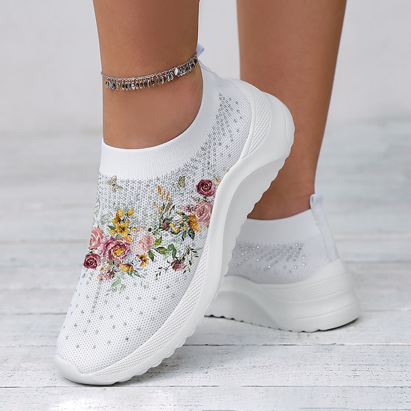 Women's White Floral Knit Slip-On Sneakers – Breathable Lightweight Walking Shoes with Rhinestone Accents for Casual Wear, Travel, and Spring Outfits3