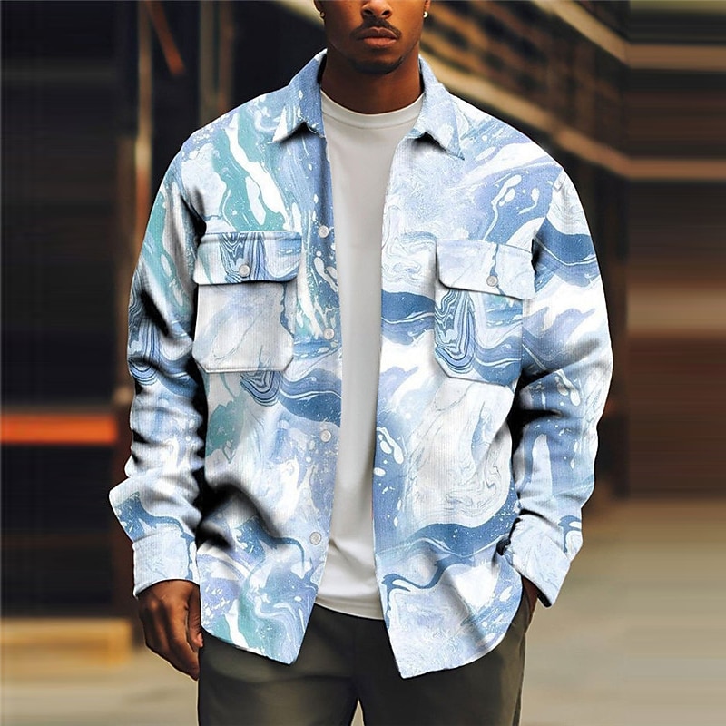 Men's Marble Gradient Ramp Shirt Shirt Jacket Overshirt Long Sleeve Casual Outdoor Street Casual Daily Fall & Winter Turndown Buttons Pocket Print Royal Blue Blue4
