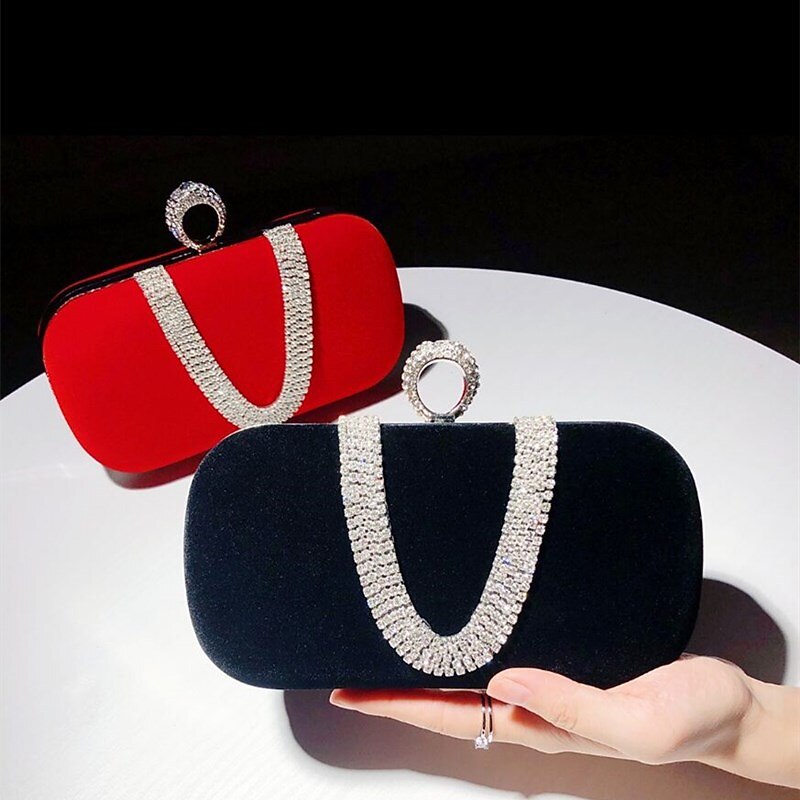 Women's Clutch Evening Bag Wristlet Clutch Bags Velvet Party Valentine's Day Bridal Shower Rhinestone Crystals Chain Large Capacity Lightweight Durable Solid Color Black Red Blue4