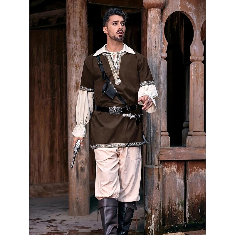 Retro Vintage Medieval Renaissance Shirt Tunic Viking Ranger Elven Fancy Dress Men's Viking Fantasy Halloween Masquerade Carnival Performance Halloween Adults' Top3