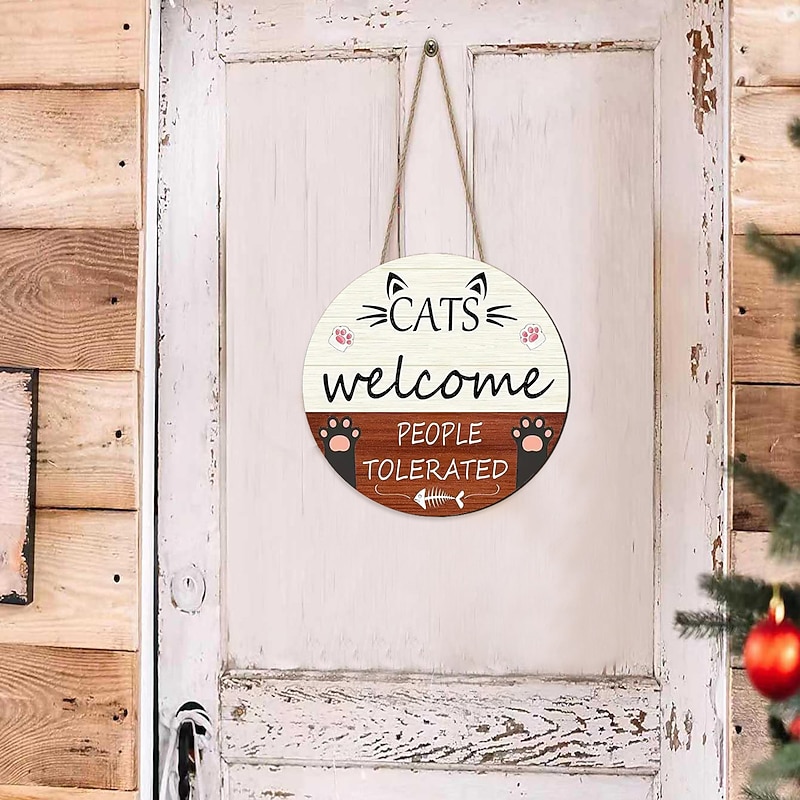 1pc, Cat  Welcome Sign Front Door Decoration,Rustic Round Wood Wall Hanging Outdoor, Fall Winter Seasonal Door Decor, Themed Wedding Birthday Anniversary Party Supp4