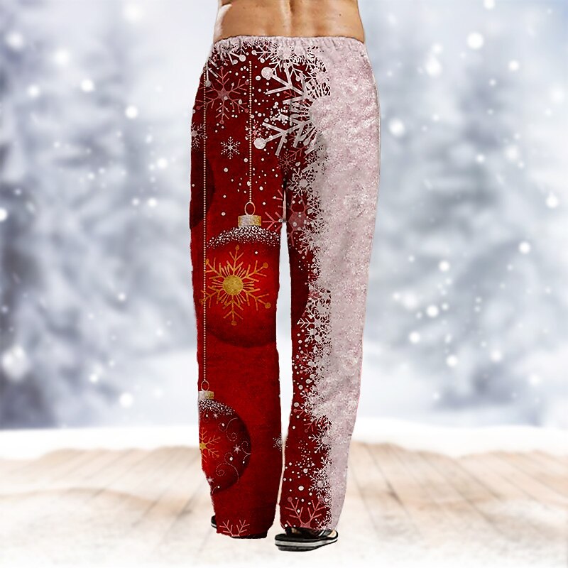 Christmas Hawaiian Pants Men's Snowflake Drawstring Elastic Waist Casual Party Evening Wear Christmas Party Beach Wear Straight Leg Trousers 3D Print White Wine Red4