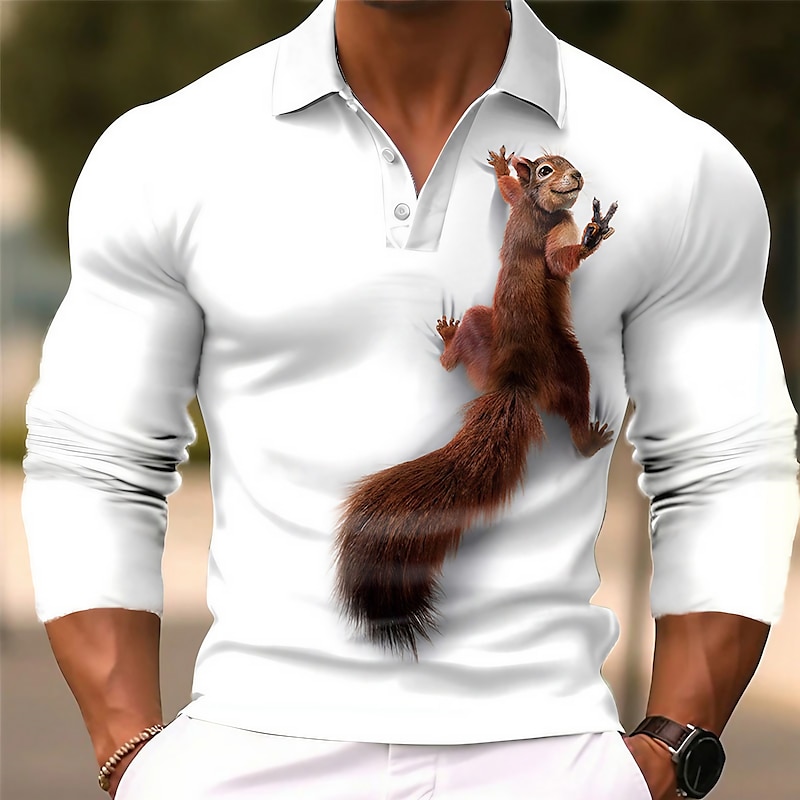 Men's Squirrel Polo Shirts Golf Shirt Long Sleeve Polo Shirts Collared Shirts Casual Funny Vacation Wear Party Outfits 3D Print Buttons Fall & Winter White Wine Brown