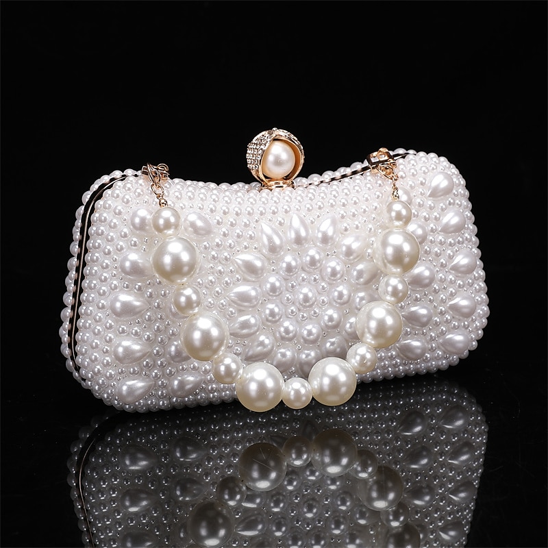 Elegant Pearl Clutch Bag – Luxury White Beaded Evening Purse with Pearl Handle and Crystal Clasp, Perfect for Weddings, Parties, and Formal Events3