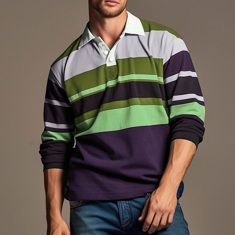 Men's Stripe Rugby Polo Long Sleeve Polo Shirts Zip Casual Outdoor Casual Daily Streetwear 3D Print Fall & Winter Red Blue Orange4