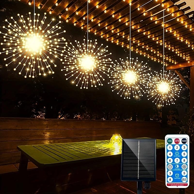 4 Pack Solar Hanging Firework Lights, 480 LED Starburst Lights with Timer, Remote, 8 Modes, Waterproof Copper Wire for Patio, Umbrella & Christmas Decor