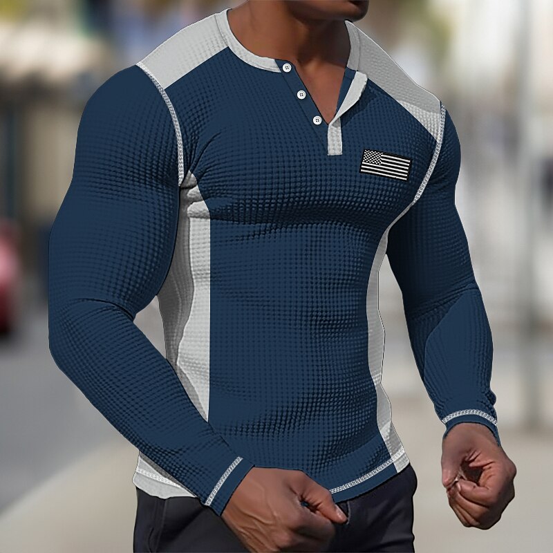 Men's Waffle Tee Button T Shirt T Shirt Waffle Henley Shirt Long Sleeve Henley Spring &  Fall Color Block National Flag Fashion Designer Basic Patchwork Vacation Street Going out Black White Dark Blue3