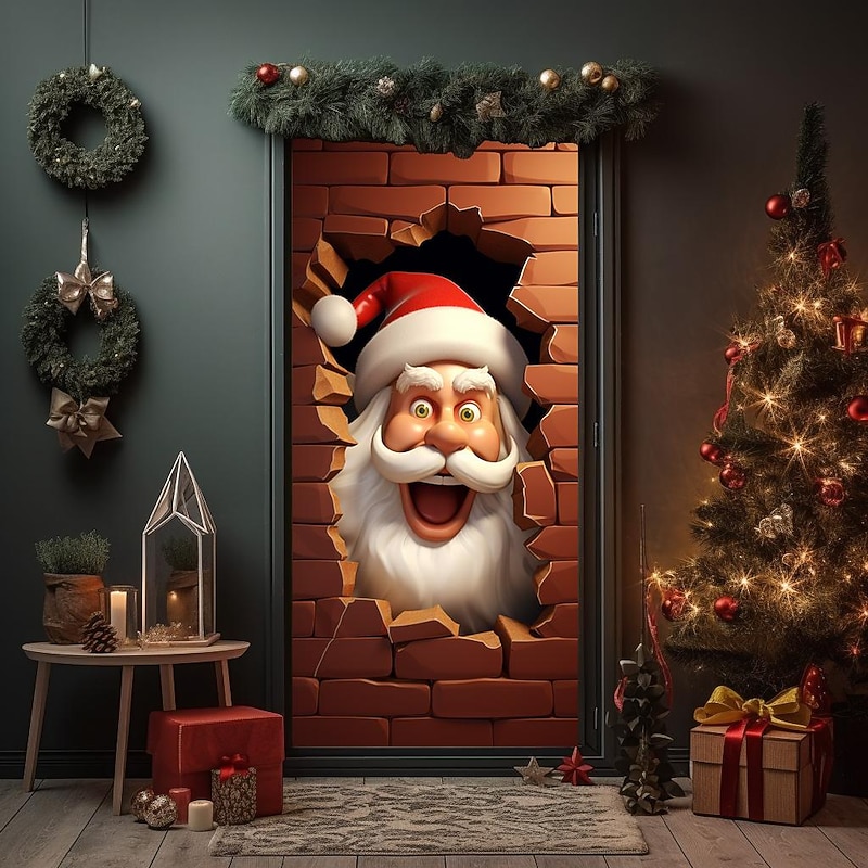 Christmas Door Decorations Santa Breaking Wall Door Covers Door Tapestry Door Curtain Decoration Xmas Backdrop Door Banner for Front Door Holiday Party Decor Supplies3