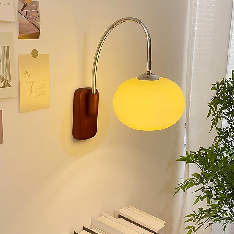 Mid-Century Modern Wall Lamp for Bedroom Vintage Wall Sconce with Milk Glass Plug Gray Wood Industrial Wall Lamp Hardwired Reading Lighting for Bedside and Living Room 110-240V3