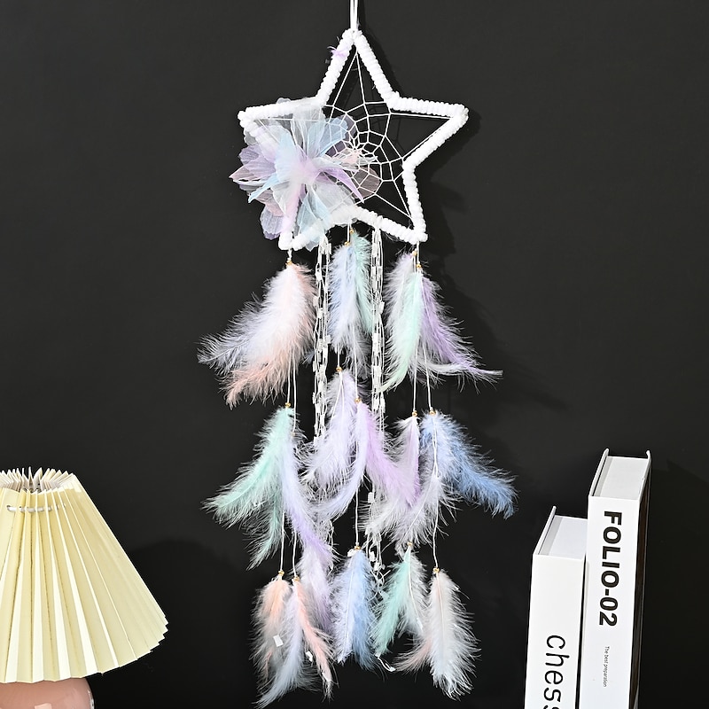 1pc Dream Catcher Handmade Gift Feather Hook Star Pattern Wind Chime with One Circles Ornament Wall Hanging Decor Art Boho Style Without Light4
