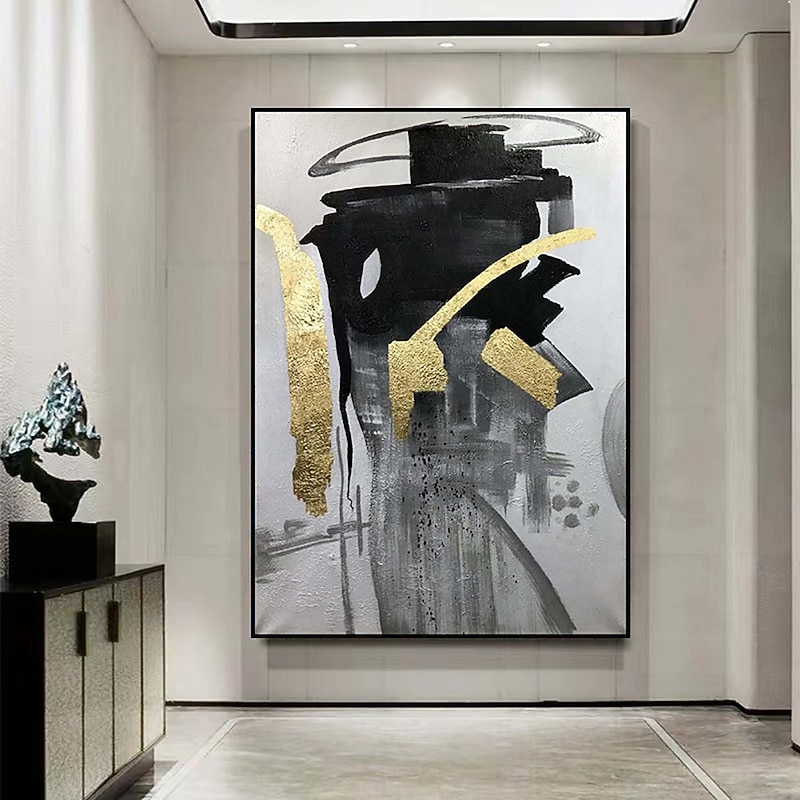 Large Handmade gold foil painting Hand Painted Black And White Oil Painting Wall Art Abstract Paintings  Abstract Art Beige White Minimalist Painting On Canvas Decor Rolled Canvas No Frame Unstretched2