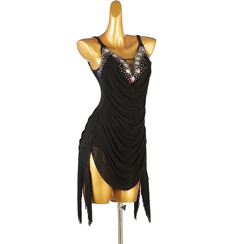 Dance Salsa Latin Dance Dress Tassel Pure Color Splicing Women's Performance Party Sleeveless Chinlon Mesh Spandex3