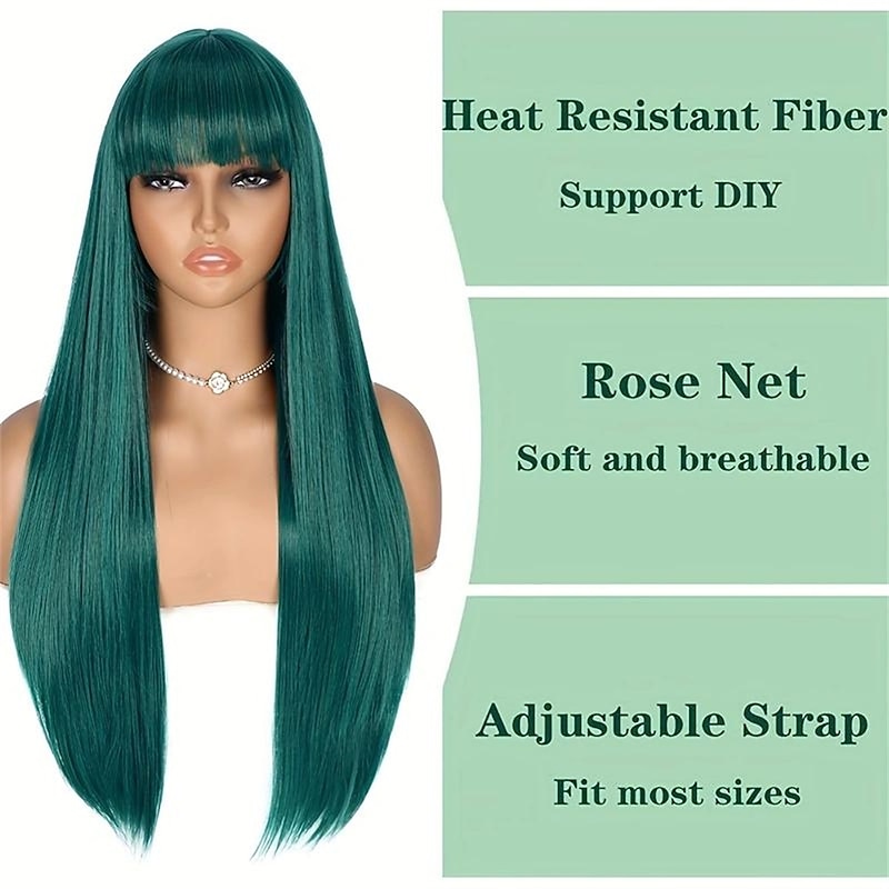Ombre Green Wig 26 Inch Long Straight Wig With Bangs Synthetic Heat Resistant Cosplay Costume Halloween Wigs For Women Christmas Party Wigs4