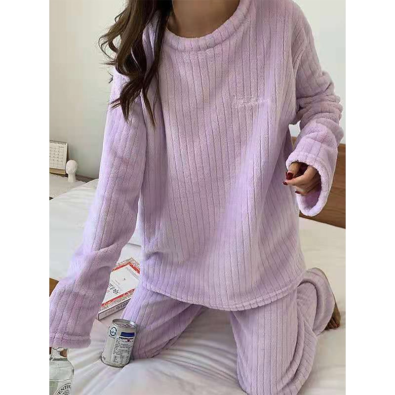 Women's Pajamas Sets Letter Plush Casual Comfort Home Daily Bed Coral Fleece Coral Velvet Warm Crew Neck Long Sleeve Pullover Pant Elastic Waist Fall Winter Light Pink White Home Outfits3