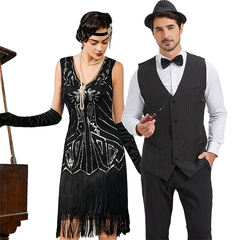 Retro Vintage Roaring 20s 1920s Flapper Dress Outfits Waistcoat The Great Gatsby Gentleman Sequins Tassel Fringe Fancy Dress Men's Women's New Year Masquerade Party Prom Adults' Costume Homecoming