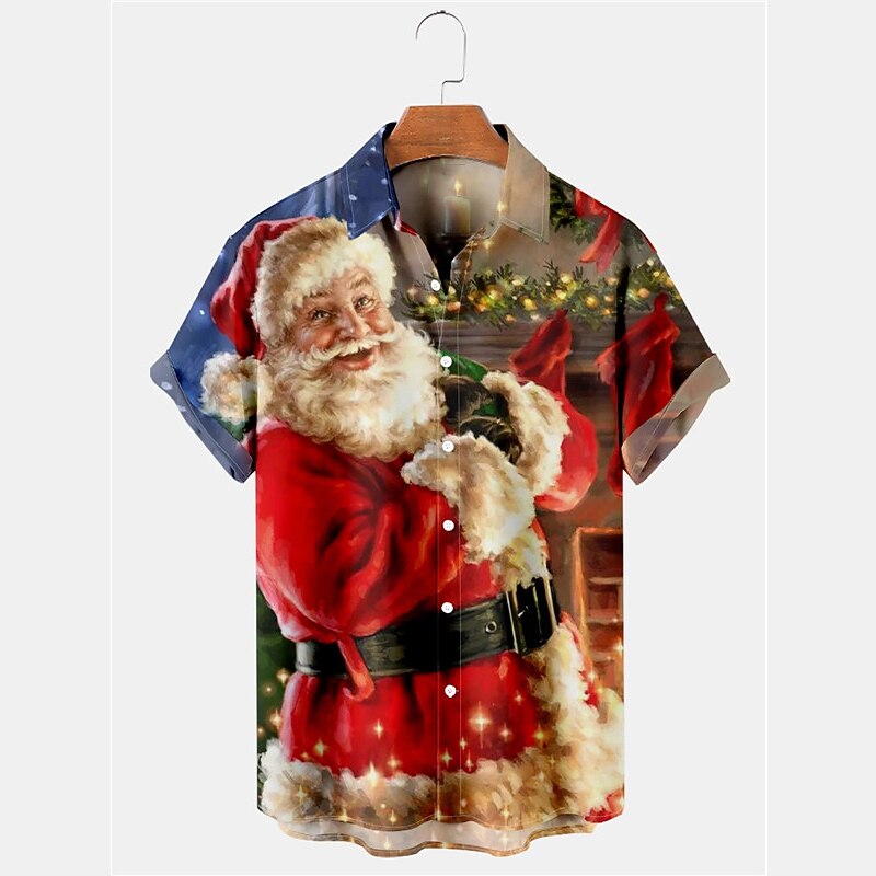 Christmas Men's Santa Claus Printed Shirts Santa Claus Casual Outdoor Street Fall Turndown Short Sleeve Red S M L Shirt