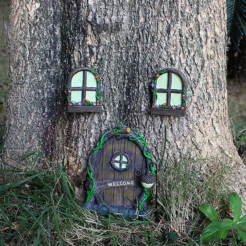 Miniature Fairy Home Window and Door for Trees Cute Miniature Fairy Garden Cute Tree Decoration Garden Door Creative Luminous Tree Decor Fairy Door Decor Accessories for Wall and Outdoor Trees4