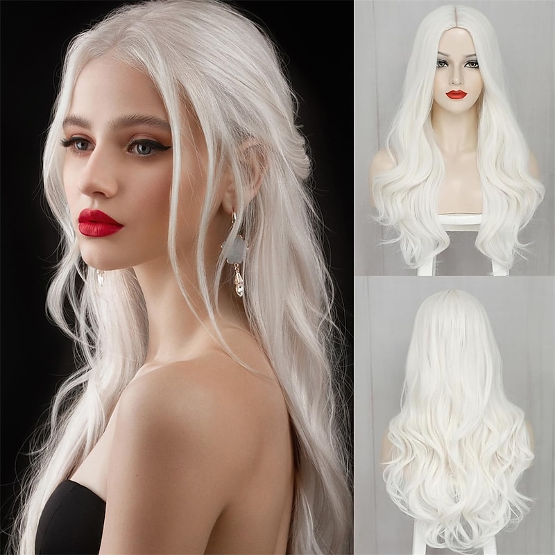 White Wigs for Women 26 Inches Long White Wig Synthetic Wig Middle Part Natural Looking White Wavy Wig for Daily Use Halloween Cosplay Wig Christmas Party Wigs