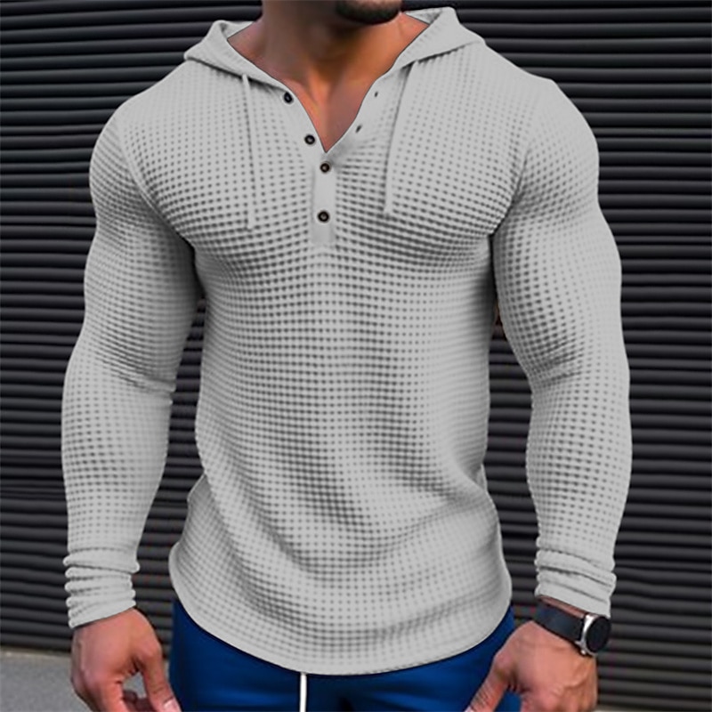 Men's T Shirt Waffle Henley Shirt Tee Top Long Sleeve Shirt Long Sleeve Hooded Spring &  Fall Color Block Fashion Designer Basic Patchwork Vacation Street Going out White Khaki Army Green Top Tee for4