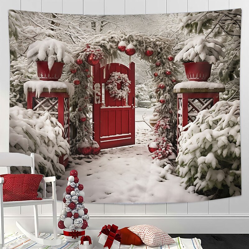 Christmas Decorations Winter Wonderland Hanging Tapestry Wall Art Xmas Large Tapestry Mural Decor Photograph Backdrop Blanket Curtain Home Bedroom Living Room Decoration White Snow