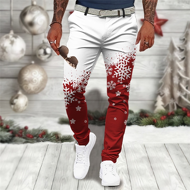 Christmas Men's Christmas Scene Printed Pants Snowflake Casual 3D Print Trousers Outdoor Street Going out Polyester Wine Black Blue S M L Mid Waist Elasticity Pants2