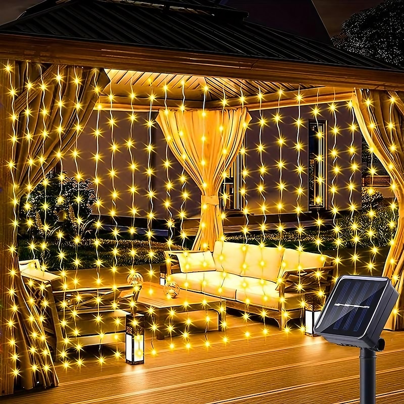 1 Pack 300/200/100 LED Solar Curtain Light Outdoor, Remote Control, 8 Lighting Modes, Fairy Lights, IP65 Waterproof, Copper Wire Lights Christmas Party Wedding Home Bedroom Garden Wall Decor