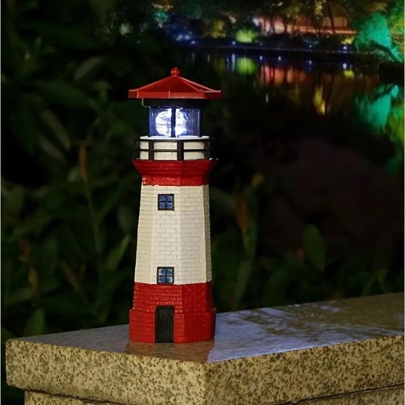 Solar Light Tower, Resin Light Rotating Garden LED Outdoor Smoke Tower Warning Landscape Light Garden Patio Lawn, 360 Degree Rotating Lighthouse Decoration, Lighthouse Gifts