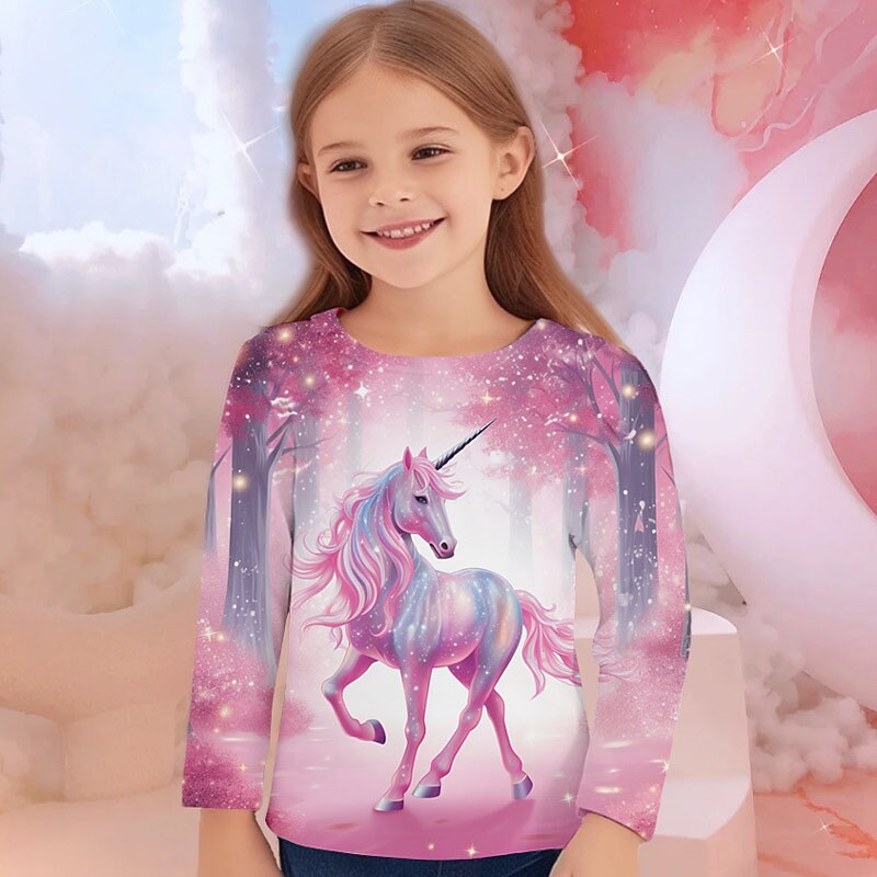 Girls' 3D Unicorn Tee Shirts Long Sleeve 3D Print Fall Winter Active Fashion Cute Kids 3-12 Years Crew Neck Outdoor Casual Daily Regular Fit