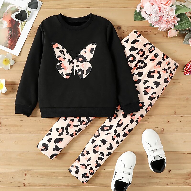 Girls' 3D Leopard Butterfly Sweatshirt & Legging Set Set Pink Long Sleeve 3D Print Fall Winter Active Fashion Daily Kids 3-12 Years Crew Neck Outdoor Vacation Date Regular Fit3