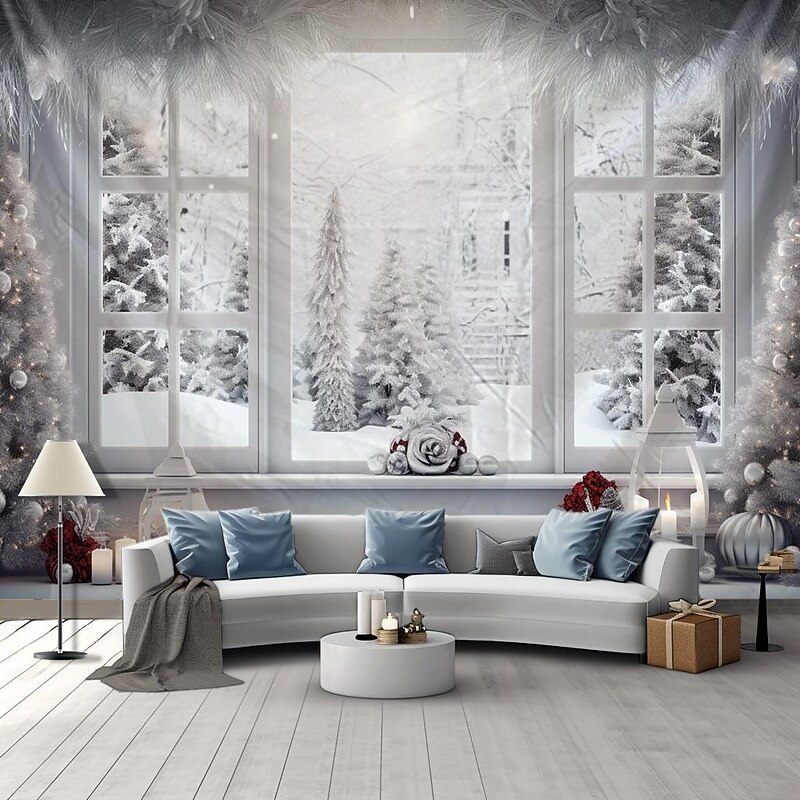 Snow Window Hanging Tapestry Winter White  Wall Art Large Tapestry Mural Decor Photograph Backdrop Blanket Curtain Home Bedroom Living Room Decoration2