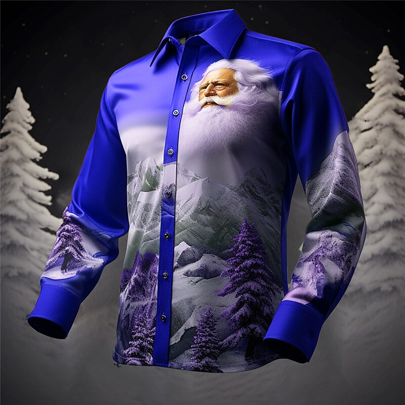Christmas Men's Santa Claus Printed Shirts Santa Claus Mountain Casual Outdoor Street Fall & Winter Turndown Long Sleeve Yellow Red Dark Navy S M L Shirt2