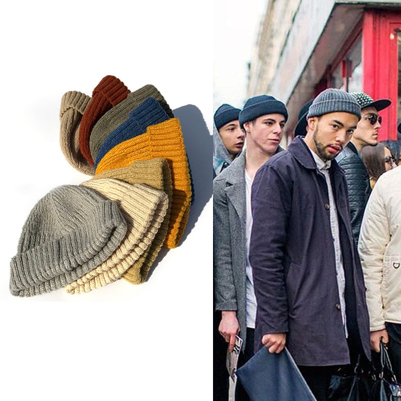 Men's Beanie Hat Fisherman Beanie Trawler Beanie Watch Cap Beanies Light Yellow Black Cotton Sports Travel Roll up Edge Outdoor Vacation Plain Windproof Warm