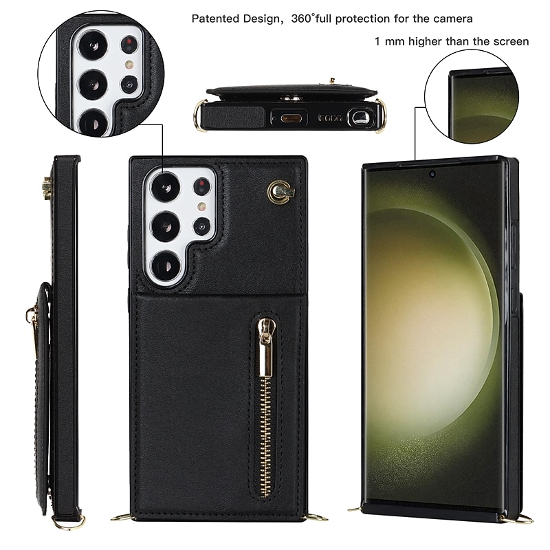 Phone Case For Samsung Galaxy S25 S24 S23 S22 S21 FE S21 Ultra Plus Back Cover Wallet Case with Stand Holder Zipper with Lanyard TPU PU Leather3