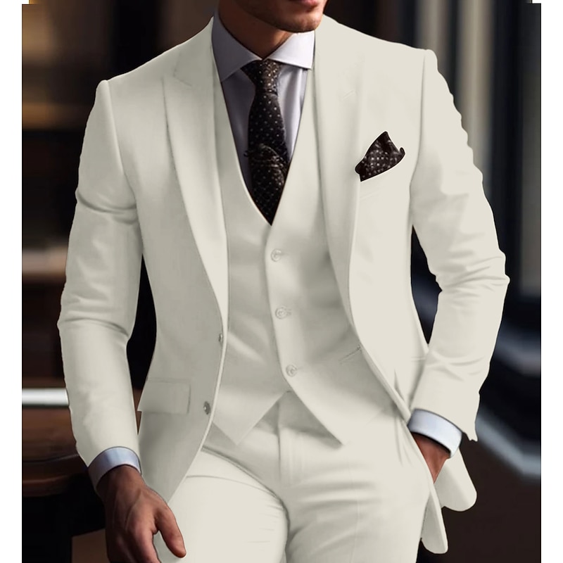 Men's Wedding Suits Peak White Ivory Solid Colored Slim Fit 3 Piece Single Breasted Two-buttons4