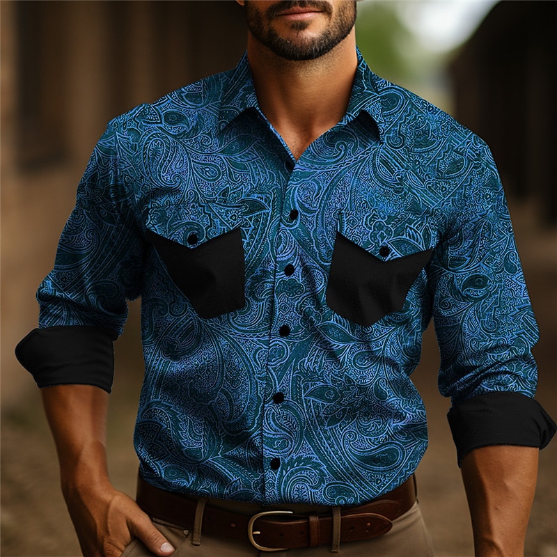 Men's Shirt Western Shirt Cowboy Shirt Long Sleeve Vintage Outdoor Street Casual Daily Fall & Winter Turndown Buttons Print Blue Brown Gray2