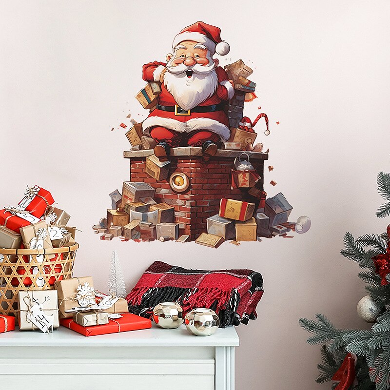 Christmas Sticker Xmas Sticker, Cute Santa Claus Gift Children's Bedroom Entrance Home Decoration Wall Sticker Self-adhesive Sticker