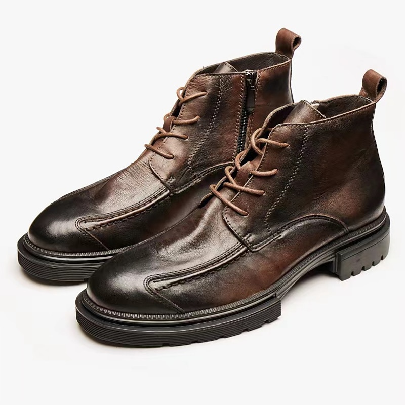 Men's Vintage Brown Leather Ankle Boots with Lace-Up Design, Zipper Closure, and Rugged Non-Slip Sole for Outdoor and Casual Wear