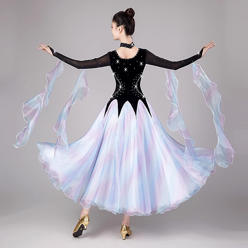 Ballroom Dance Dress Splicing Crystals / Rhinestones Women's Performance Party Long Sleeve Mesh Tulle Velvet2
