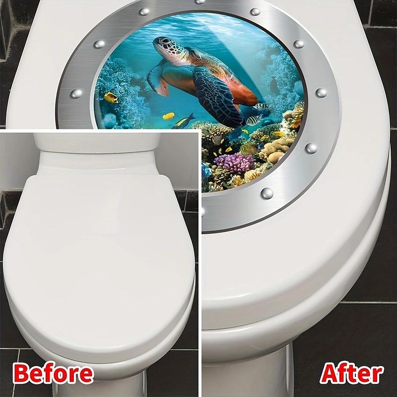 1pc 3D Turtle Toilet Sticker, Undersea Fake Submarine Window Pattern, Self-Adhesive Toilet Lid Decals4