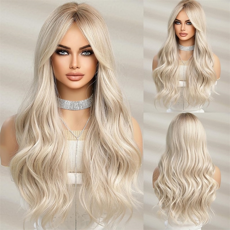 Long Ombre White Blonde Wavy Wigs for Women Natural Synthetic Curly Wig Heat Resistant Fiber Wigs for Daily Cosplay Christmas Party Wigs