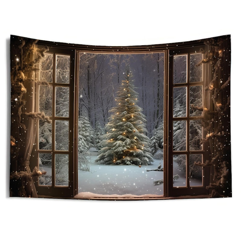 Christmas Decorations Christmas Tree Winter Hanging Tapestry Wall Art Xmas Large Tapestry Mural Decor Photograph Backdrop Blanket Curtain Home Bedroom Living Room Decoration Snow Window View 10