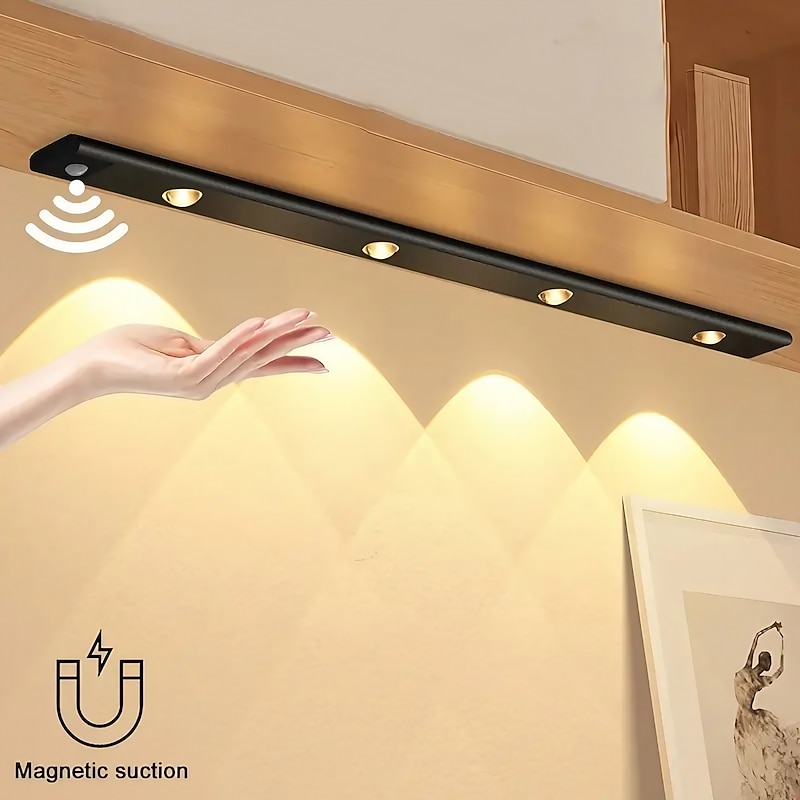 1pc Smart LED Human Body Induction Lamp For Home Ultra-thin Cat Eye Hill Lamp Black Strip Rechargeable Three-color Adjustable Wardrobe Cabinet Room Light