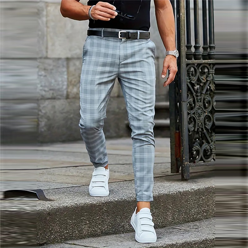 Plaid Business Men's 3D Print Pants Trousers Outdoor Daily Wear Streetwear Polyester Black Blue Khaki S M L Medium Waist Elasticity Pants3