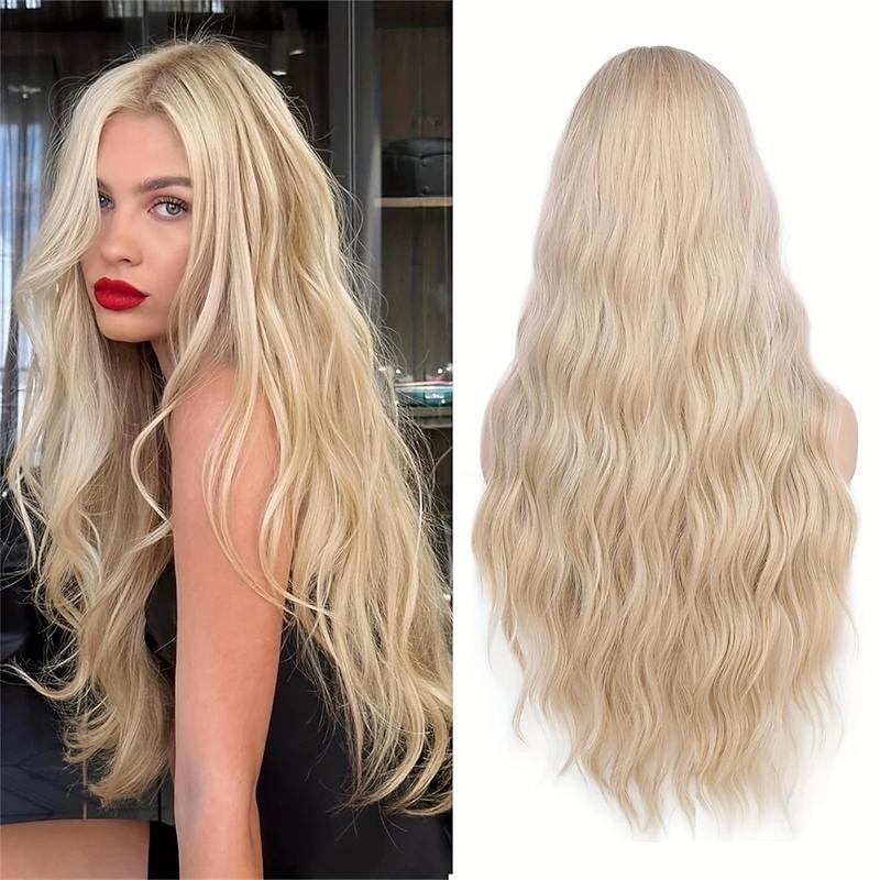 Long Platinum Blonde Wig  28 Inch Natural Wavy Blonde Wig Middle Part Blonde Wig Synthetic Hair Blonde Wigs For Women