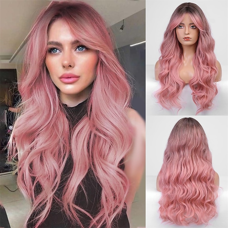 Long Pink Wavy Wig for Women Ombre Pink Wig Dark Root 26 Inch with Bangs Curly Wavy Wig Natural Looking Synthetic Heat Resistant Fiber Wig for Daily Party Use