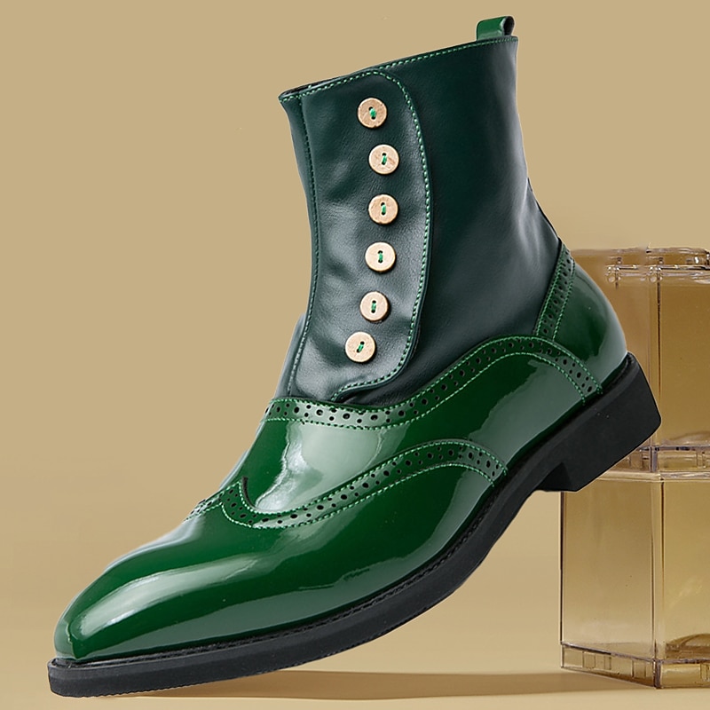 Men's Vintage Green Leather Button Boots - Stylish Wingtip Brogue Ankle Boots with Patent Leather Finish